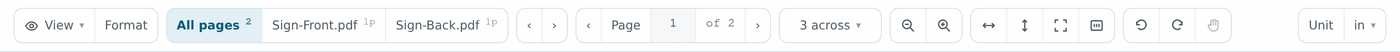 The proof page toolbar: a View menu, Format, an All pages tab with a file count, one tab per file with its page count, page navigation, a pages-across control, zoom out and zoom in, fit width, fit height, fit page, rulers, rotate left, rotate right, a pan tool and a unit selector.