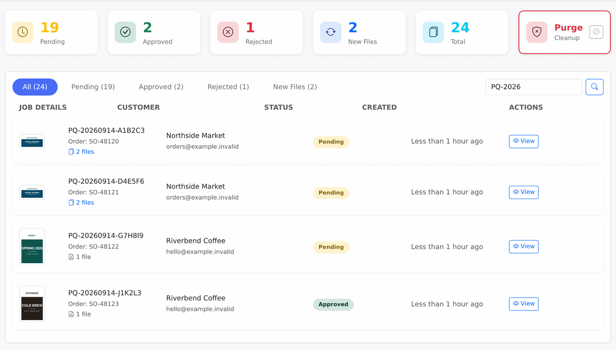 The dashboard with counters for Pending, Approved, Rejected, New Files and Total above a searchable list of jobs.