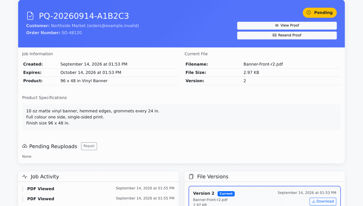 A job detail page showing the job number, customer, order number and status, with View Proof and Resend Proof buttons, the created and expiry dates, the current file and its version number, the product specifications, a pending reuploads area, a job activity log and a list of file versions.