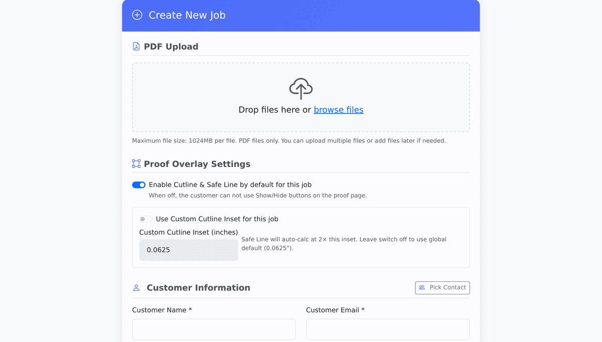 The Create Proof form with fields for the customer, order number, product, product specifications and the artwork files.