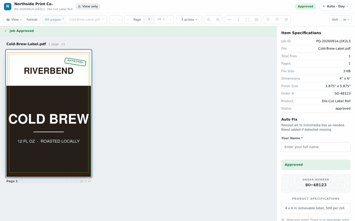 An approved proof. A green Job Approved banner sits above the artwork, the artwork carries an APPROVED stamp, the toolbar controls are greyed out and the action buttons are replaced by an Approved block.