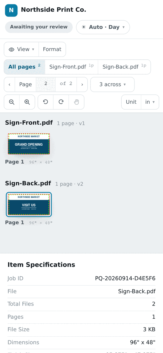 The same proof page on a phone, with the artwork, the toolbar and the specifications stacked into one column.