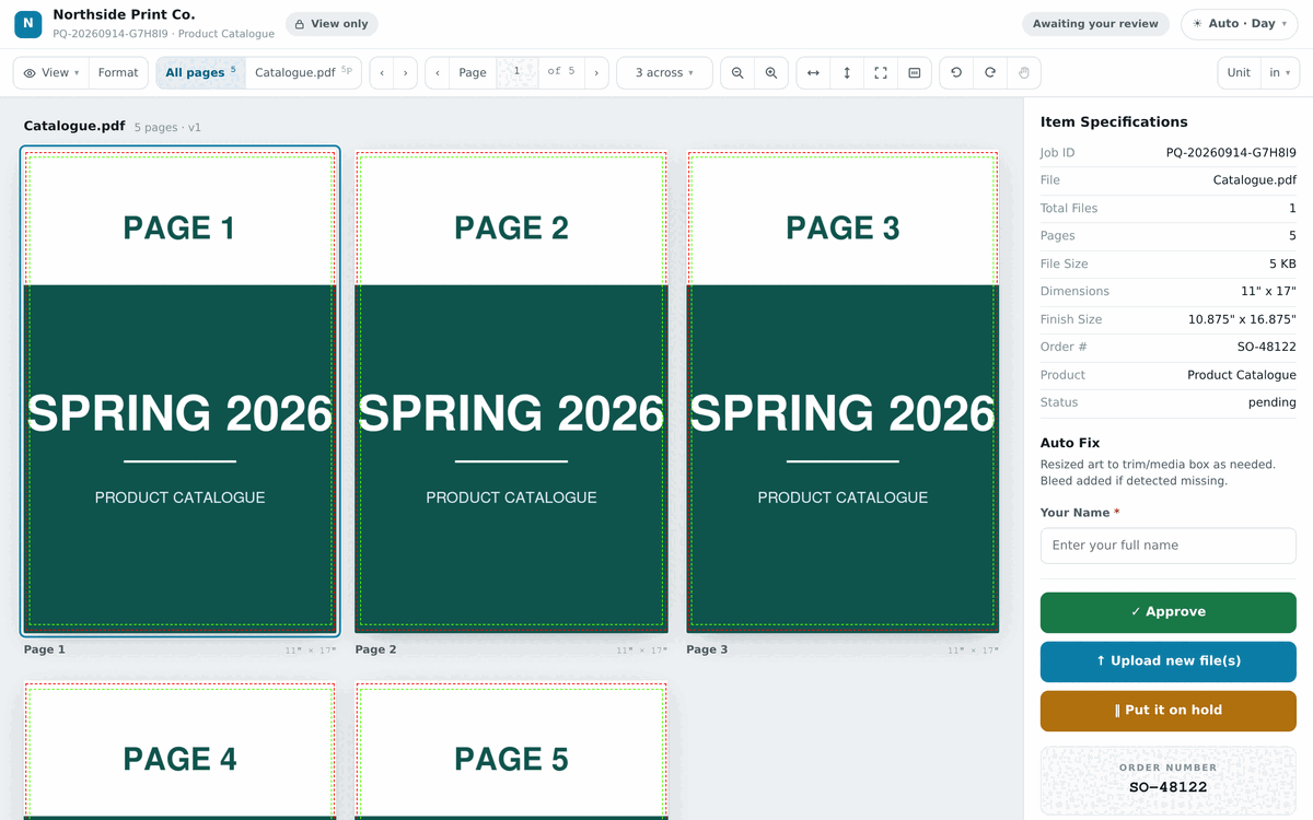 A five-page product catalogue proof. All five pages are laid out in a grid, each captioned Page 1 to Page 5 with its size of 11 by 17 inches, with red cutline and green safe-line guides drawn over each page.