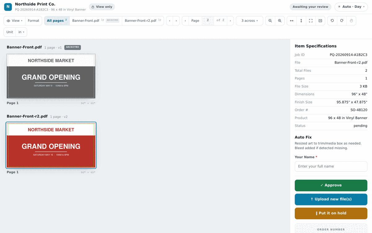 A proof page showing an archived earlier version above the current version of a banner.